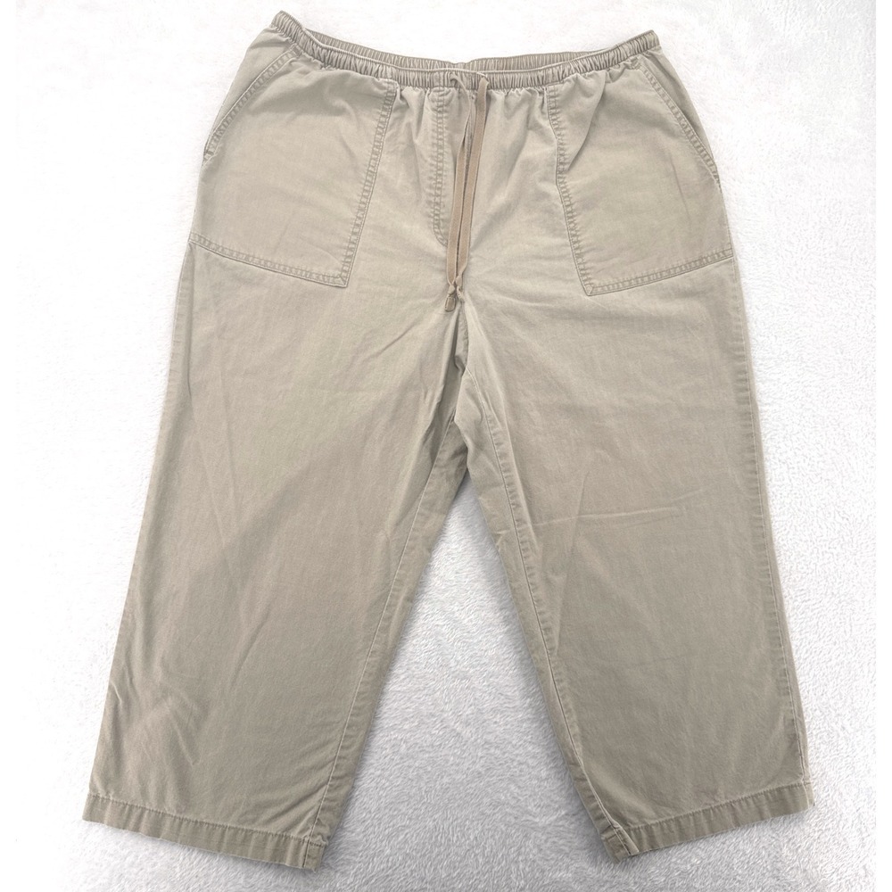 L.L.‎ Bean Cropped Pull On Pants Women's Large Tan Khaki Cotton Drawstring Waist